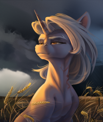 Size: 2700x3200 | Tagged: safe, artist:mithriss, derpibooru import, oc, oc only, pony, unicorn, female, field, food, mare, solo, thunderstorm, wheat, wind