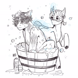 Size: 2048x2048 | Tagged: safe, artist:karamboll, derpibooru import, earth pony, pony, unicorn, aesop carl, bath, bathing, brushing, bubble, crossover, face mask, identity v, lidded eyes, magic, mask, norton campbell, scar, shampoo, sitting, sketch, soap, wet