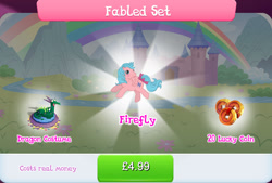 Size: 1266x857 | Tagged: safe, derpibooru import, idw, crackle, firefly, pegasus, pony, g1, g4, bow, bundle, clothes, costs real money, costume, disguise, english, female, gameloft, idw showified, mare, numbers, official, sale, solo, solo focus, spread wings, tail, tail bow, text, wings