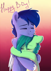 Size: 748x1041 | Tagged: safe, artist:kaylemi, derpibooru import, oc, oc only, oc:kaylemi, earth pony, pegasus, pony, duo, earth pony oc, eyes closed, female, gradient background, hug, male, oc x oc, pegasus oc, shipping