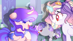 Size: 1191x671 | Tagged: safe, artist:hancar, artist:selenavivacity, derpibooru import, oc, oc only, oc:harmonious armor senriga, oc:selena vivacity, oc:whisper nocturnal, alicorn, pony, alicorn oc, aunt and niece, baby, baby pony, base used, coat markings, colored hooves, colored pupils, colored wings, crown, female, filly, foal, gradient mane, half-sisters, horn, jewelry, magical lesbian spawn, mare, mascara, mother and child, mother and daughter, mouth hold, offspring, offspring's offspring, parent and child, parent:flash sentry, parent:oc:sapphire moon, parent:oc:selena vivacity, parent:rainbow dash, parent:twilight sparkle, parents:flashlight, parents:twidash, regalia, shadow, trio, trio female, wings