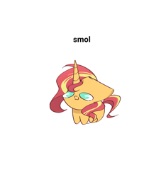 Size: 1920x2050 | Tagged: safe, artist:miryelis, derpibooru import, sunset shimmer, pony, unicorn, chibi, cute, meme, shimmerbetes, simple background, smiling, smol, solo, text, white background