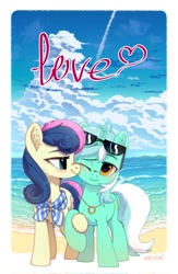 Size: 667x1024 | Tagged: safe, alternate version, artist:kaylemi, derpibooru import, bon bon, lyra heartstrings, sweetie drops, earth pony, pony, unicorn, beach, duo, female, lesbian, lyrabon, ocean, one eye closed, shipping, water