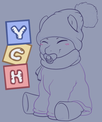 Size: 732x875 | Tagged: safe, artist:binkyroom, derpibooru import, pony, baby, clothes, cute, female, filly, foal, hat, pacifier, scarf, solo, warm, ych sketch