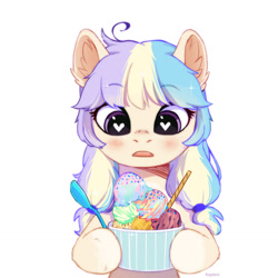 Size: 1280x1280 | Tagged: safe, artist:kaylemi, derpibooru import, oc, oc only, pony, blushing, ear fluff, ears, eyes on the prize, female, food, heart, heart eyes, hoof hold, ice cream, looking at something, looking down, open mouth, simple background, solo, spoon, white background, wingding eyes