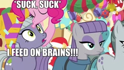 Size: 1920x1080 | Tagged: safe, derpibooru import, edit, limestone pie, marble pie, maud pie, pinkie pie, best gift ever, brain suck, caption, feeding, image macro, pie sisters, siblings, sisters, sucking, sucking brains, text