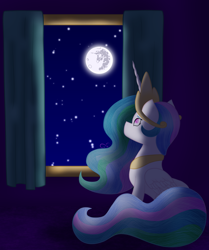 Size: 5015x6000 | Tagged: safe, artist:viviandpurplevivi, derpibooru import, princess celestia, alicorn, pony, female, mare in the moon, moon, solo, stars, window