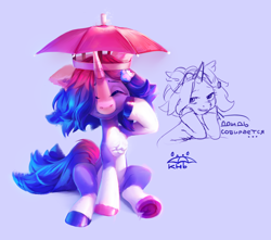 Size: 2420x2140 | Tagged: safe, artist:khvorost162, derpibooru import, oc, pony, unicorn, cyrillic, eyes closed, female, sitting, smiling, solo, umbrella