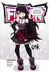 Size: 1347x2000 | Tagged: safe, artist:oldskullkid, derpibooru import, oleander, human, them's fightin' herds, bare shoulders, book, choker, clothes, community related, female, goth, humanized, open mouth, sleeveless, solo, speech bubble, stockings, thigh highs, unicornomicon