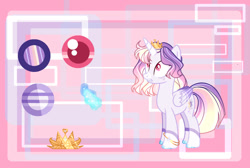 Size: 1091x733 | Tagged: safe, artist:selenavivacity, derpibooru import, oc, oc only, oc:selena vivacity, alicorn, abstract background, alicorn oc, bracelet, coat markings, colored hooves, colored pupils, colored wings, crown, gradient mane, horn, jewelry, magic, magic aura, magical lesbian spawn, offspring, parent:rainbow dash, parent:twilight sparkle, parents:twidash, reference sheet, regalia, solo, wings