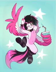 Size: 1516x1939 | Tagged: safe, artist:rexyseven, derpibooru import, oc, oc only, pegasus, pony, arm behind head, armpits, belly button, bendy straw, chest fluff, clothes, collar, colored wings, cup, drink, drinking straw, looking at you, multicolored wings, one eye closed, pegasus oc, smiling, smiling at you, socks, solo, spread wings, striped socks, two toned coat, two toned wings, wing hands, wing hold, wings