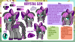 Size: 1200x676 | Tagged: safe, artist:jennieoo, derpibooru import, oc, oc:krystal gem, bat pony, pegasus, pony, angry, bedroom eyes, bio, bored, bow, braid, bust, cutie mark, dislikes, full body, likes, looking at you, portrait, reference, reference sheet, show accurate, simple background, smiling, smiling at you, solo