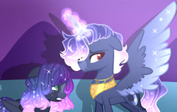 Size: 1125x710 | Tagged: safe, artist:nocturnal-moonlight, artist:selenavivacity, derpibooru import, oc, oc only, oc:lunar galaxy, oc:sapphire moon, alicorn, alicorn oc, argument, base used, brothers, coat markings, colored pupils, colored wings, duo, duo male, ethereal mane, horn, magic, magic aura, male, offspring, parent:king sombra, parent:princess luna, parents:lumbra, peytral, siblings, sparkly wings, stallion, wings