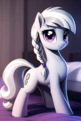 Size: 512x768 | Tagged: safe, derpibooru import, machine learning generated, silver spoon, earth pony, pony, alternate cutie mark, bed, bedroom, braid, female, filly, foal, hair braid, looking at you, missing accessory, novel ai, on bed, pillow, purple eyes, smiling, smiling at you, solo, standing