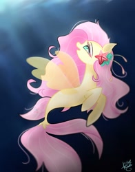 Size: 1074x1368 | Tagged: safe, artist:petaltwinkle, derpibooru import, fluttershy, pegasus, pony, seapony (g4), colored pupils, crepuscular rays, cute, digital art, dorsal fin, eyelashes, female, fin, fin wings, fins, fish tail, flowing mane, flowing tail, green eyes, looking up, mare, ocean, open mouth, pink mane, seaponified, seapony fluttershy, shyabetes, signature, smiling, solo, species swap, starfish, sunlight, swimming, tail, underwater, water, wings