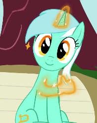 Size: 196x249 | Tagged: safe, artist:truthormare, ponerpics import, lyra heartstrings, pony, unicorn, bench, drawthread, female, glowing horn, hand, horn, looking at you, magic, magic hands, mare, smiling, solo, thumbs up