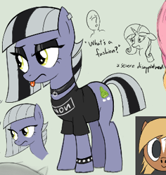 Size: 315x334 | Tagged: safe, artist:truthormare, ponerpics import, limestone pie, rarity, oc, oc:anon, verity, earth pony, human, pony, unicorn, /bale/, aggie.io, bracelet, choker, clothes, cropped, cutie mark, dialogue, dyed mane, emo, eyeshadow, female, jewelry, makeup, mare, nine inch nails, piercing, shirt, show accurate, simple background, text, tongue, tongue out, tongue piercing