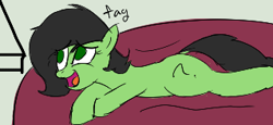 Size: 319x147 | Tagged: safe, artist:truthormare, ponerpics import, oc, oc:anon filly, pony, /bale/, aggie.io, beanbag chair, cropped, cutie mark, female, filly, foal, laughing, lying down, simple background, solo, young