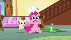Size: 1280x720 | Tagged: safe, derpibooru import, screencap, gummy, pound cake, earth pony, pegasus, pony, season 5, the one where pinkie pie knows, baby, baby pony, colt, female, foal, looking at you, male, mare, open mouth, reaction image, shocked, trio