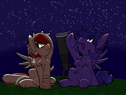 Size: 4000x3000 | Tagged: safe, artist:aryn, derpibooru import, oc, oc only, oc:awya lightfeather, oc:stargazermap, pegasus, pony, chest fluff, constellation, night, night sky, sky, stars, telescope