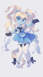 Size: 671x1200 | Tagged: safe, artist:saxopi, derpibooru import, oc, oc only, semi-anthro, bow, clothes, dress, looking at you, midriff, skirt, smiling, solo, stockings, thigh highs