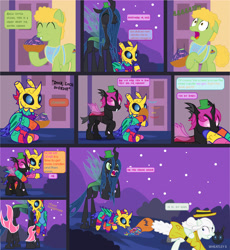 Size: 1724x1874 | Tagged: safe, artist:wheatley r.h., derpibooru exclusive, derpibooru import, queen chrysalis, oc, oc:lara, oc:w. rhinestone eyes, oc:winter witness, changeling, earth pony, bag, candy, candy bag, changeling oc, clothes, comic, costume, disguise, disguised changeling, fangs, female, food, male, mare, night, night sky, nightmare night, piñata, piñata pony, scared, sky, spanish, stallion, stars, vector, watermark