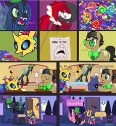Size: 1724x1874 | Tagged: safe, artist:wheatley r.h., derpibooru exclusive, derpibooru import, diamond tiara, filthy rich, queen chrysalis, oc, oc:captain price, oc:lara, oc:w. rhinestone eyes, changeling, earth pony, pegasus, bag, candy, candy bag, changeling oc, chocolate bar, clothes, comic, costume, disguise, disguised changeling, dragoness wheatley, fangs, female, food, glasses, hat, hissing, male, mare, night, night sky, nightmare night, pegasus oc, piñata, piñata pony, round glasses, scared, sky, stallion, stars, vector, watermark