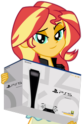 Size: 3039x4572 | Tagged: safe, artist:emeraldblast63, derpibooru import, sunset shimmer, human, equestria girls, box, european, looking at you, playstation 5, simple background, solo, sony, transparent background