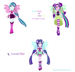 Size: 1342x1286 | Tagged: safe, artist:prettycelestia, derpibooru import, aria blaze, sonata dusk, equestria girls, boots, clothes, disguise, disguised siren, fusion, gem, hairclip, high heel boots, ponied up, shoes, siren gem, sirenified, species swap, stockings, thigh highs