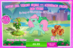 Size: 1962x1297 | Tagged: safe, derpibooru import, idw, minty, minty (g1), earth pony, pony, g1, g3, g4, advertisement, bush, costs real money, english, female, flower, gameloft, idw showified, mare, numbers, official, river, sale, solo, solo focus, stream, text, that pony sure does love socks, water