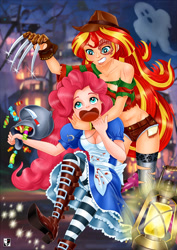 Size: 1000x1414 | Tagged: safe, artist:lord--opal, derpibooru import, pinkie pie, sunset shimmer, ghost, human, undead, equestria girls, a nightmare on elm street, alice, american mcgee's alice, breasts, candy, cleavage, clothes, costume, crossover, duo, duo female, female, food, freddy krueger, halloween, halloween costume, human coloration, knife, lantern, open mouth, sweets