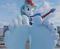 Size: 2311x1880 | Tagged: safe, artist:lulw73, derpibooru import, rainbow dash, equestria girls, 3d, barefoot, electric guitar, feet, female, fetish, foot fetish, foot focus, giantess, guitar, guitar solo, looking at you, macro, musical instrument, nail polish, one eye closed, playing guitar, scrunching toes, soles, source filmmaker, toenail polish, wiggling toes, wink, winking at you