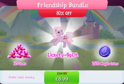 Size: 1262x857 | Tagged: safe, derpibooru import, idw, lickety split, lickety-split, earth pony, pony, g1, g4, bow, bundle, costs real money, english, female, gameloft, gem, idw showified, magic coins, mare, numbers, official, sale, solo, solo focus, tail, tail bow, text