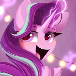 Size: 1503x1503 | Tagged: safe, artist:kebchach, derpibooru import, starlight glimmer, pony, unicorn, :d, blushing, bust, chest fluff, female, glowing, glowing horn, hair over one eye, heart, heart eyes, horn, looking at you, looking back, looking back at you, magic, magic aura, mare, open mouth, open smile, smiling, solo, wingding eyes