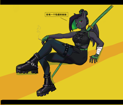 Size: 2076x1774 | Tagged: safe, derpibooru import, oc, oc only, anthro, bat pony, pony, bat pony oc, bat wings, bedroom eyes, belt, boots, chinese, clothes, dark skin, katana, pantyhose, resting bitch face, shoes, skirt, smoking, sword, tongue, tongue out, weapon, wings