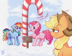 Size: 2083x1623 | Tagged: safe, artist:galaxy swirl, derpibooru import, applejack, pinkie pie, rainbow dash, earth pony, pegasus, pony, :s, applejack is not amused, candy, candy cane, food, heart, heart eyes, muffled words, rainbow dumb, sigh, sign, stupidity, tongue, tongue out, tongue stuck to pole, too dumb to live, trio, unamused, wavy mouth, wingding eyes