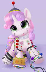 Size: 1500x2375 | Tagged: safe, artist:darksly, derpibooru import, sweetie belle, sweetie bot, pony, robot, unicorn, :p, antenna, bipedal, body writing, cap, christmas, christmas lights, clothes, costume, cute, darksly is trying to murder us, diasweetes, eye reflection, female, filly, foal, hat, heart, marker, purple background, reflection, robot costume, simple background, solo, spool, tongue, tongue out, underhoof, weapons-grade cute, wires