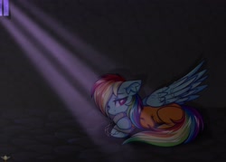 Size: 3500x2500 | Tagged: safe, artist:stormcloud, derpibooru import, rainbow dash, bound wings, cell, chains, clothes, commissioner:rainbowdash69, cuffed, cuffs, jail, never doubt rainbowdash69's involvement, prison, prison outfit, prisoner, prisoner rd, sad, shackles, solo, wings