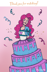 Size: 1620x2435 | Tagged: safe, artist:xeninara, derpibooru import, pinkie pie, human, equestria girls, bondage, bound, cake, food, humanized, popping out of a cake, ribbon, tape, tied, tied up