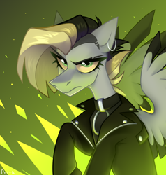 Size: 1900x2000 | Tagged: safe, artist:rtootb, derpibooru import, oc, oc only, oc:tlen borowski, pegasus, pony, angry, clothes, digital art, ear piercing, female, fire, jacket, leather, leather jacket, looking at you, pegasus oc, piercing, simple background, solo, solo female, wings