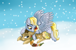 Size: 3500x2300 | Tagged: safe, artist:twilightwolf91, derpibooru import, derpy hooves, doctor whooves, earth pony, pegasus, biting, clothes, derp, doctorderpy, ear bite, fanart, female, fourth doctor's scarf, male, scarf, shipping, snow, snowfall, straight, striped scarf