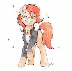 Size: 3339x3314 | Tagged: safe, artist:lightisanasshole, derpibooru import, oc, oc only, oc:phosphor flame, earth pony, pony, clothes, ear fluff, ears, earth pony oc, female, grin, jacket, pose, raised eyebrow, raised hoof, raised leg, simple background, smiling, smug, solo, solo female, sparkles, traditional art, watercolor painting