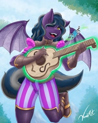 Size: 2480x3100 | Tagged: safe, artist:vandyart, derpibooru import, oc, oc only, anthro, bat pony, anthro oc, bard, bat pony oc, fantasy class, female, guitar, musical instrument, one eye closed, open mouth, singing, solo, wink