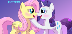 Size: 2259x1080 | Tagged: safe, artist:shycookieq, derpibooru import, fluttershy, rarity, pegasus, pony, unicorn, blushing, duo, female, flarity, gradient background, hoof on chin, lesbian, looking at each other, looking at someone, looking into each others eyes, open mouth, open smile, shipping, smiling