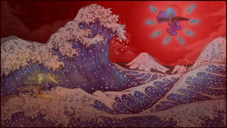 Size: 1192x670 | Tagged: safe, artist:binibean, derpibooru import, nightmare moon, princess celestia, alicorn, pony, duo, female, fight, fine art parody, the great wave off kanagawa, wave