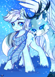 Size: 2500x3500 | Tagged: safe, artist:stormcloud, derpibooru import, oc, oc only, oc:christopher snowfall glitter, crystal pony, draconequus, pony, unicorn, blue eyes, chest fluff, clothes, commission, crystallized, draconequus oc, ear fluff, ears, full body, grass, grass field, horn, looking at something, looking at you, male, scarf, sky, sky background, snow, snowfall, stallion, standing, the crystal empire 10th anniversary, unicorn oc, white mane, winter