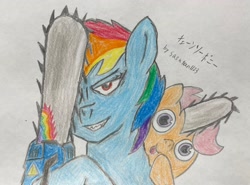 Size: 2048x1512 | Tagged: safe, artist:sasutan1123, derpibooru import, rainbow dash, scootaloo, :p, anime, chainsaw, chainsaw man, crayon drawing, denji, grin, pochita, smiling, tongue, tongue out, traditional art