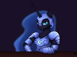 Size: 3000x2256 | Tagged: safe, artist:naen, derpibooru import, nightmare moon, alicorn, anthro, plantigrade anthro, armor, female, looking at you, mare, solo, unamused, wingless, wingless anthro