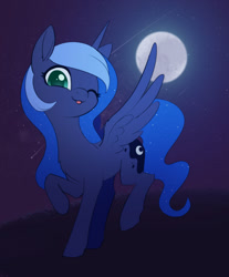 Size: 1024x1239 | Tagged: safe, artist:dusthiel, derpibooru import, princess luna, alicorn, pony, ethereal mane, looking at you, missing accessory, moon, night, novembrush, one eye closed, raised hoof, raised leg, shooting star, solo, spread wings, starry mane, stars, tongue, tongue out, wings