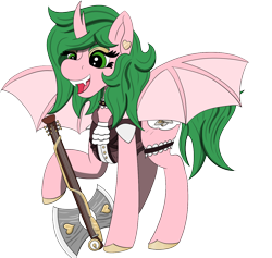 Size: 1264x1200 | Tagged: safe, artist:gray star, derpibooru import, oc, oc only, alicorn, bat pony, bat pony alicorn, hybrid, pony, axe, axe guitar, bat wings, battle axe, commission, fangs, frilly, horn, punk, simple background, solo, steampunk, transparent background, weapon, wings